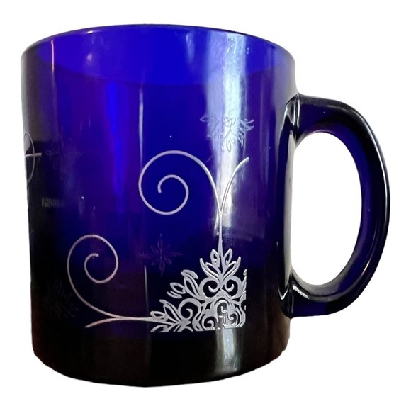 Cobalt Blue Coffee Cup, Mug Etched Pattern Made in USA - Picture 3 of 7